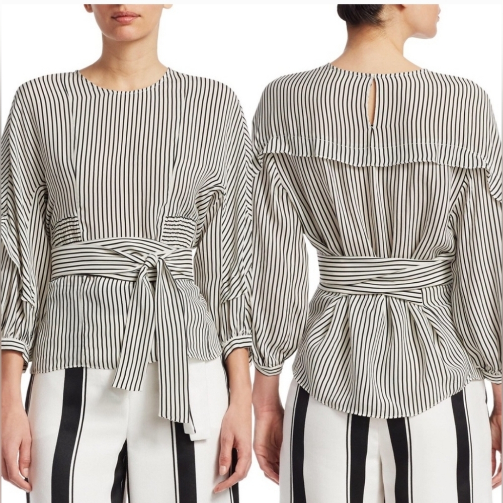 Maje Loxy Stripe Blouse Tie Waist Smocked Sides Ruffle Size 1/S